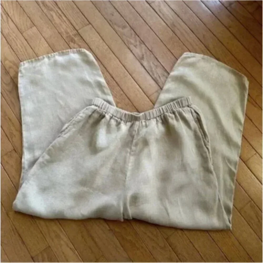 FLAX Women's Oatmeal Linen Pant Lagenlook Coastal Minimalist Pull On Cropped Med